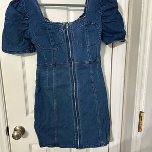 Denim Puff Sleeve Zip-Up Dress